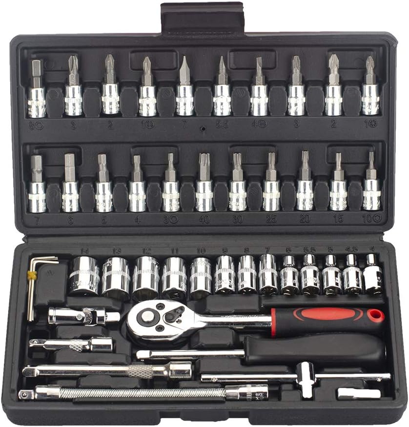 46 Pieces Mechanic Tool Kit 1/4” Dr. Ratchet Socket Wrench Set With Storage Case